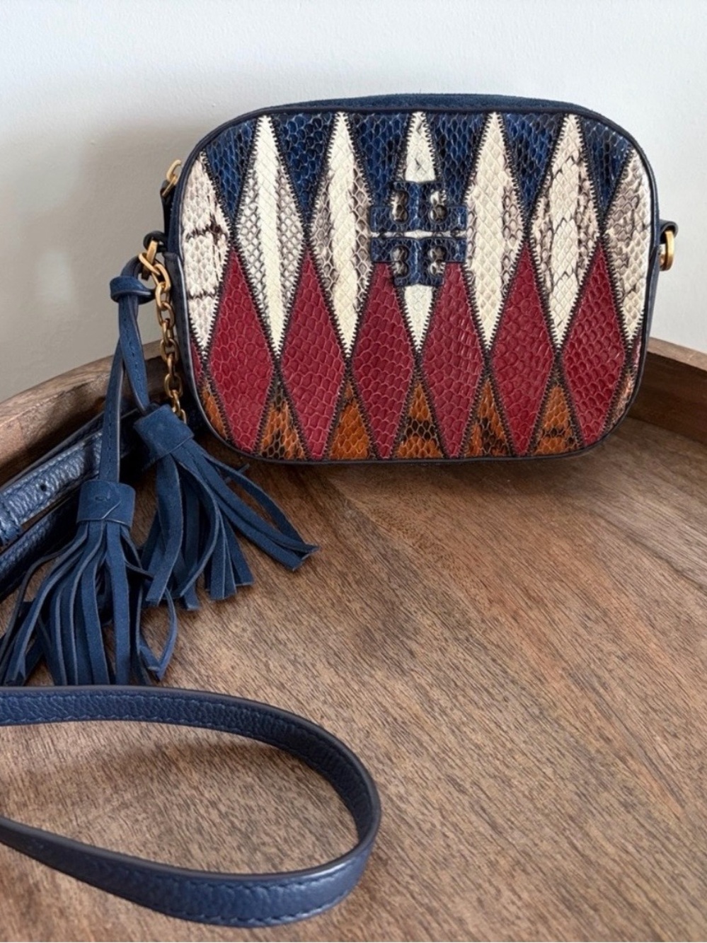 Tory Burch McGraw Pieced Exotic Camera Bag Royal Navy Snakeskin Patchwork